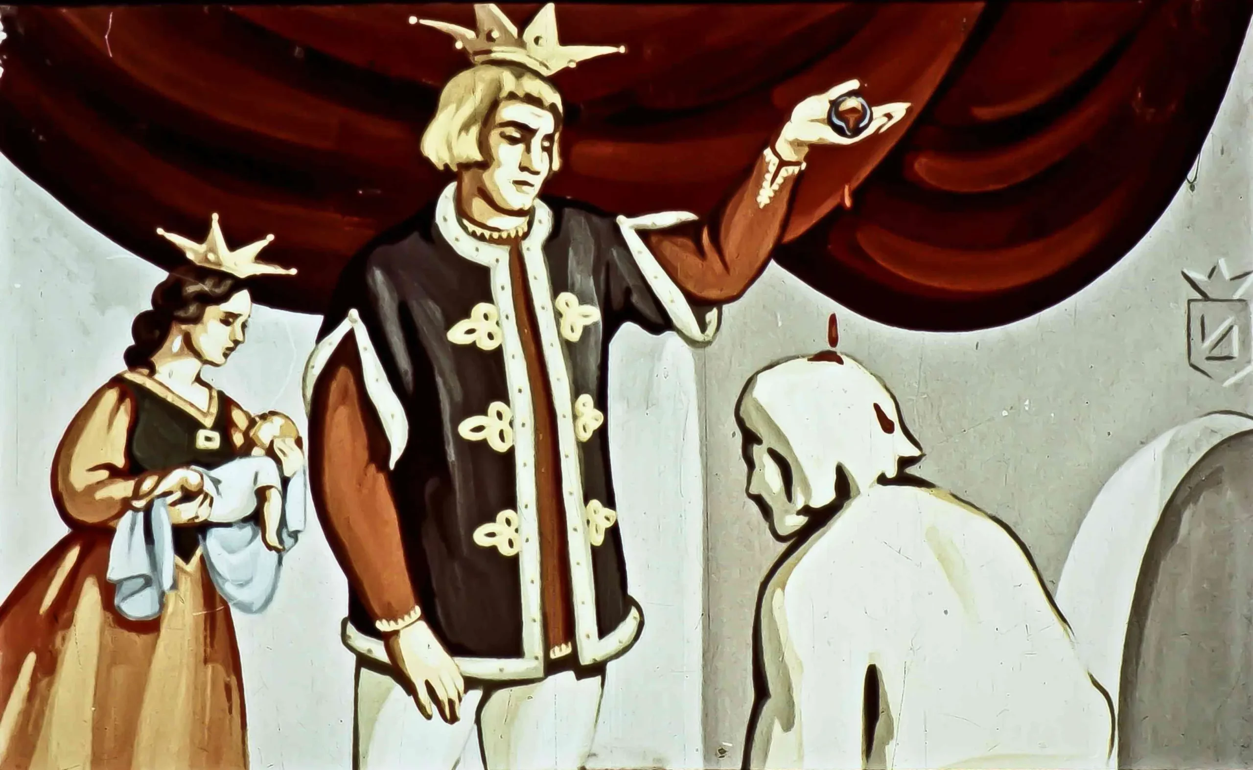 Imagine cu o scenă de basm în care împărații acționează într-un context dramatic, cu un copil și un personaj de piatră.