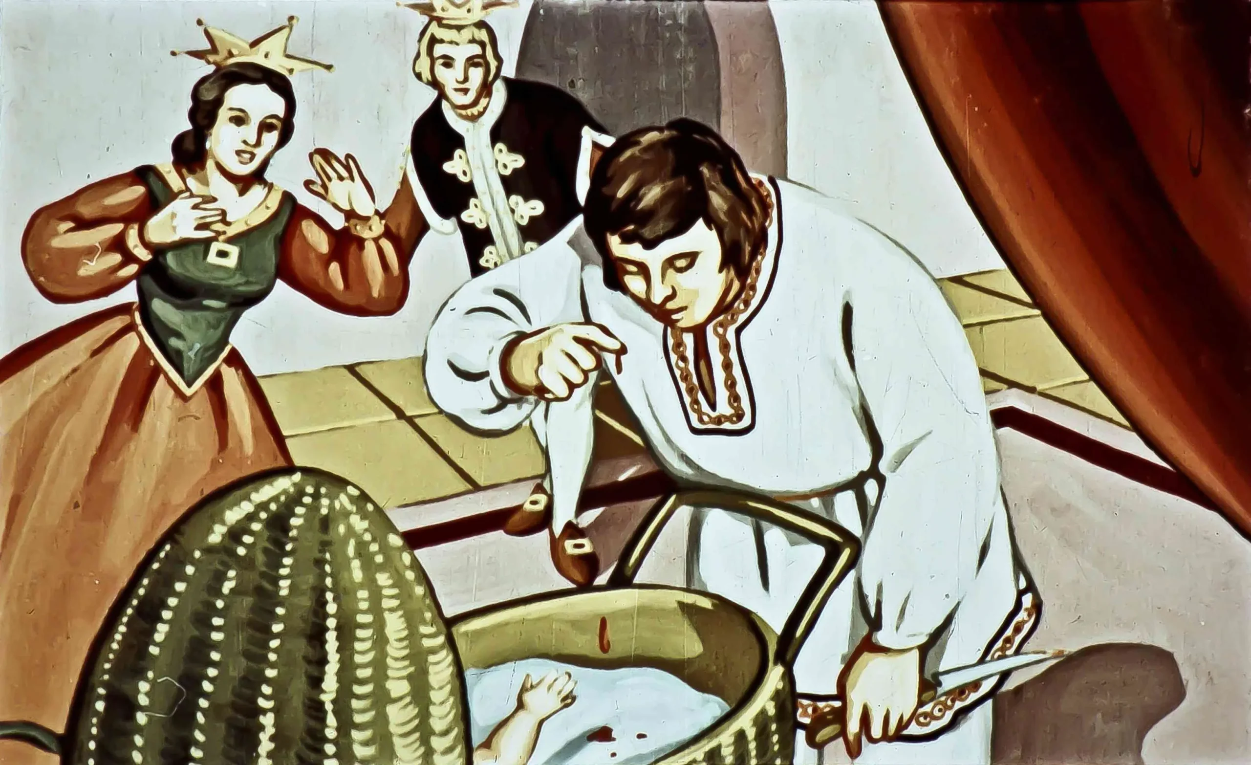 Ilustrație care descrie un moment dramatic în care un personaj se taie la un deget pentru a ajuta un copil.