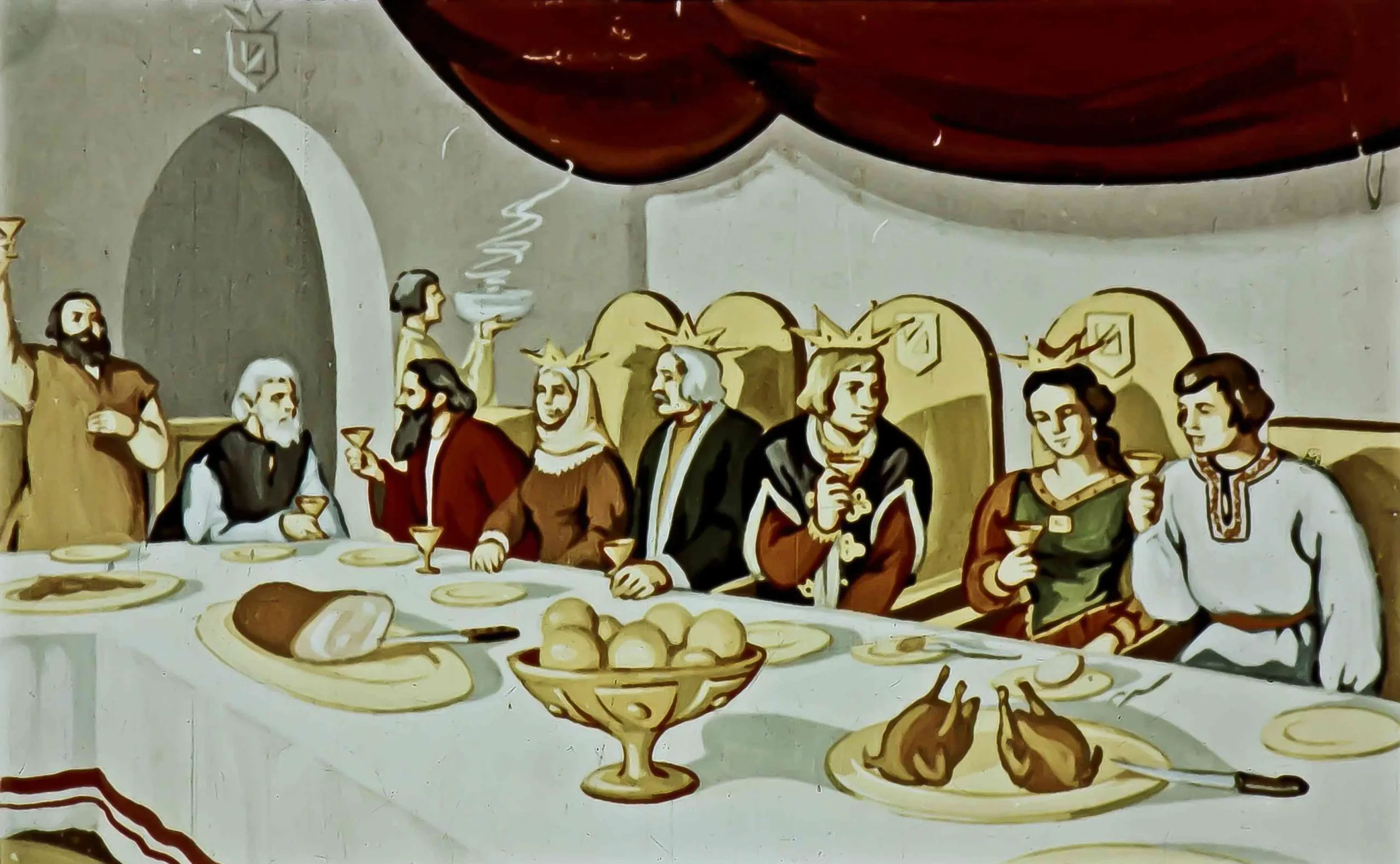 O scenă decorativă cu un ospăț, unde un împărat dă o poruncă pentru o mare celebrare.