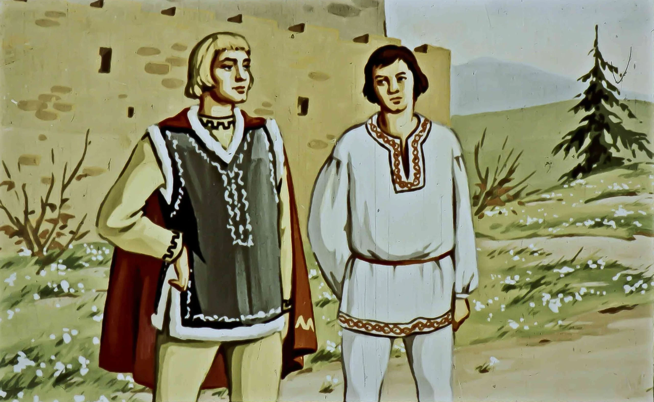 Imagine cu doi băieți îmbrăcați în costume tradiționale, unul în alb cu detalii, celălalt în negru cu detalii, în peisaj natural.