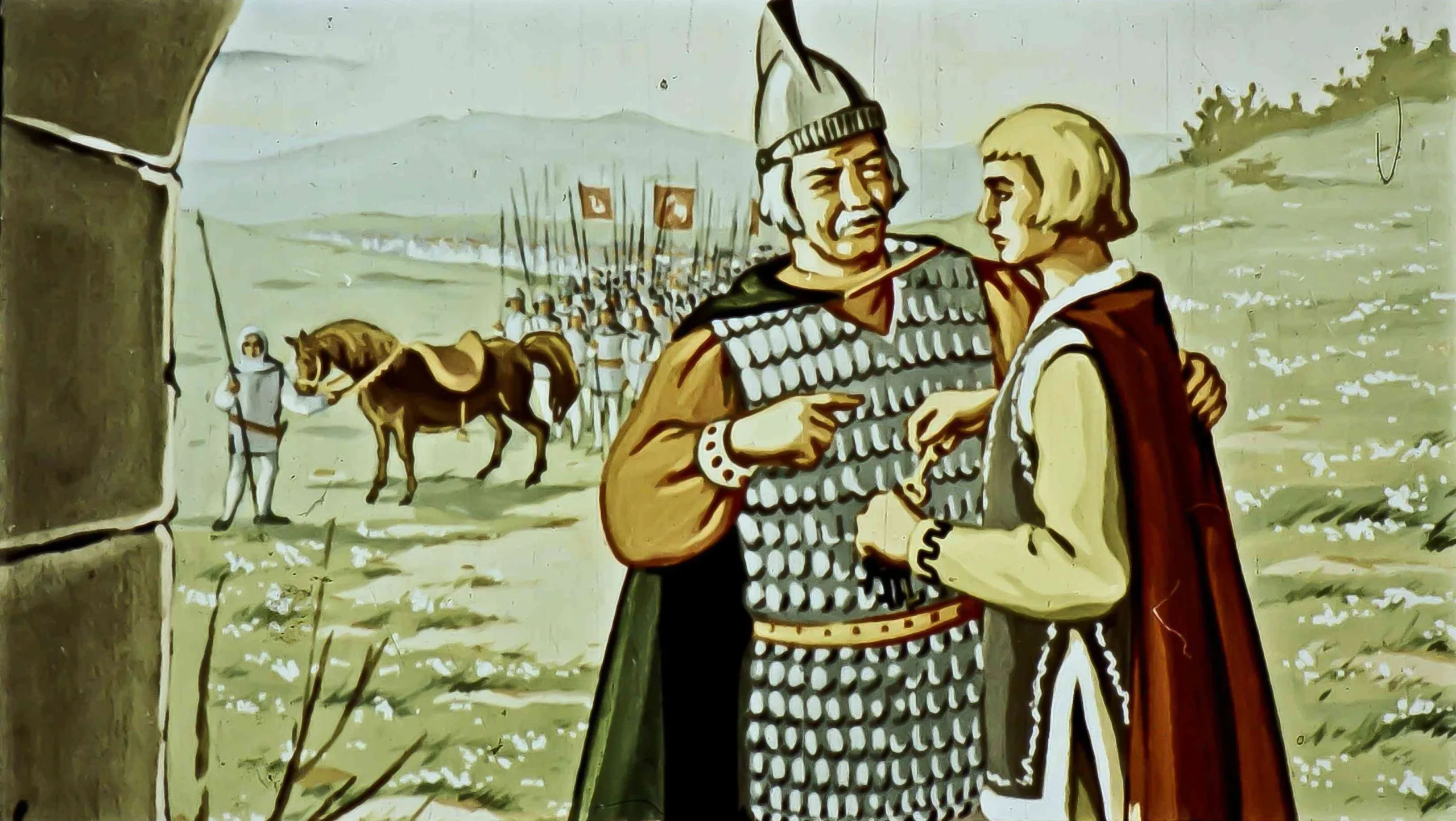 Ilustrație a unui împărat și fiul său, discutând înainte de o bătălie, cu un peisaj militar în fundal.