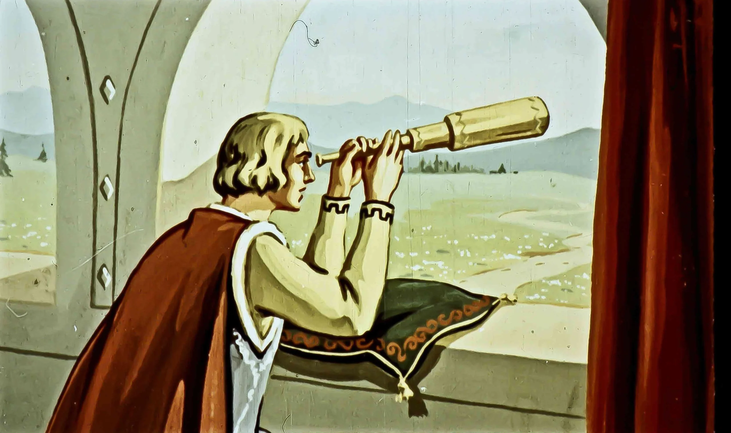 Ilustrație cu un bărbat care privește printr-un telescop dintr-o cameră, având un peisaj în fundal.