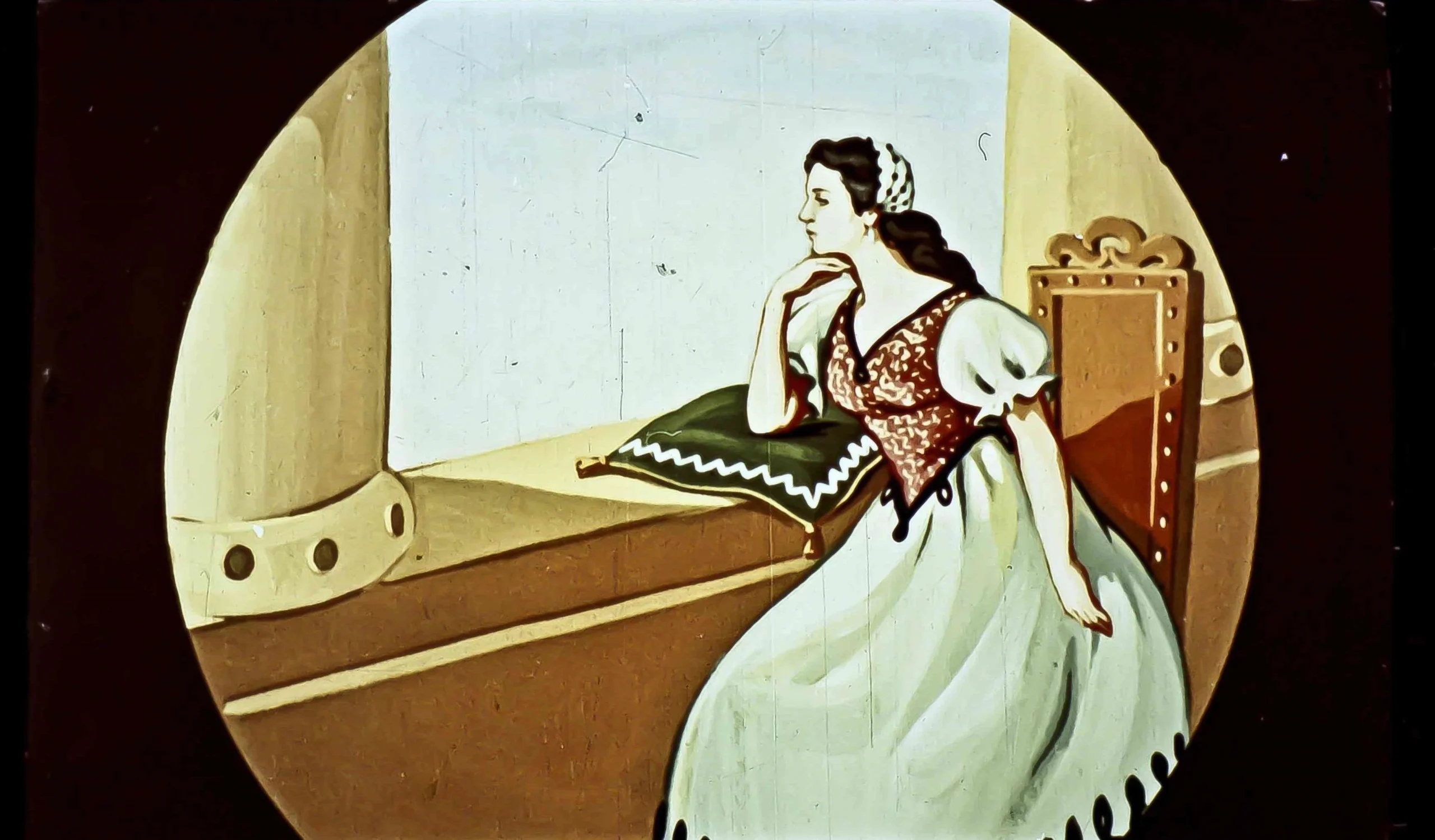 Ilustrație cu o femeie care stă la fereastră, contemplând, în fundal un palat aurit.