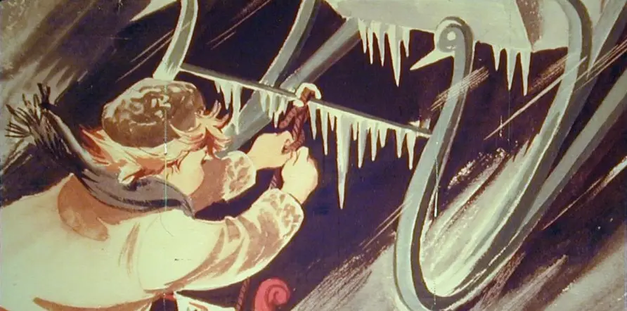 Ilustrarea unui băiat încercând să dezlege o sanie mare dintr-un peisaj iarnă.