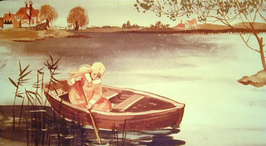 Imagine cu o fetita in barca pe rau, inconjurata de natura, reflectand asupra destinului ei.