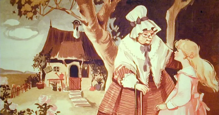 Ilustrarea unei fete numite Gerda care intalneste o batranica intr-o gradina frumoasa, in contextul unei povesti.