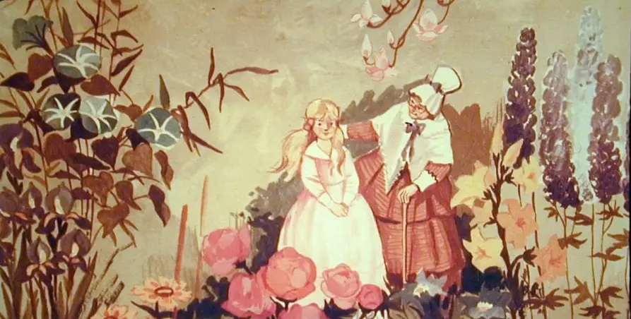 Ilustrație dintr-o poveste, reprezentând o bătrână care invită o fetiță într-o grădină plină cu flori.