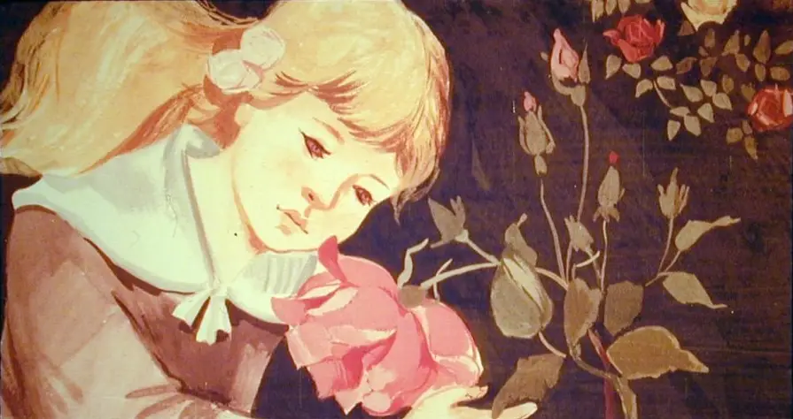 O ilustrare a unei fete blonde care priveste o floare, înconjurată de trandafiri.