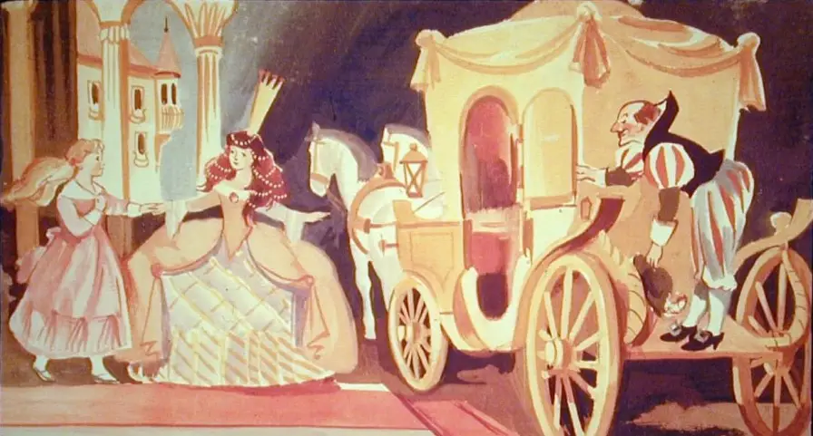 Ilustratie cu o scena din poveste, in care o printesa ofera o trasurica si pantofi unei fete. Fata multumeste printesei inainte de a pleca.