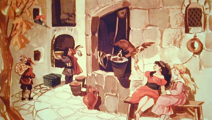 Ilustrație care reprezintă o scenă dintr-o poveste, cu personaje și un castel vechi, în care o fetiță povestește despre prietenul ei dispărut.