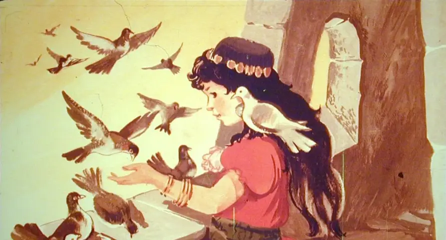 O ilustrație cu o fată care interacționează cu porumbei, având un text explicativ despre povestea Gerdei și Craiesei Zapezilor.