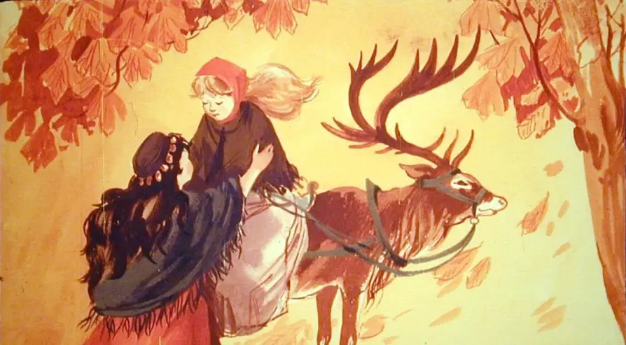 O ilustrare cu o fetita care discuta cu un ren in Laponia, inconjurata de un peisaj de iarna colorat.