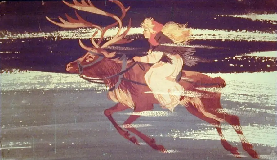 Imagine artistică cu o femeie călărind un ren printr-un peisaj de iarnă, cu un text descriptiv la bază.