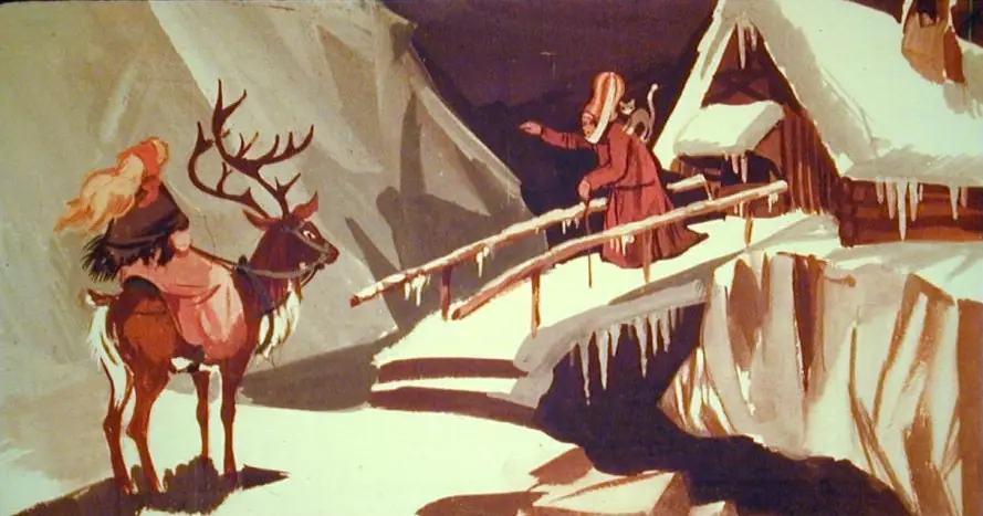 Ilustrație dintr-o poveste, arătând o femeie pe un ren care vorbește cu o lapona pe un fundal de peisaj înghețat.