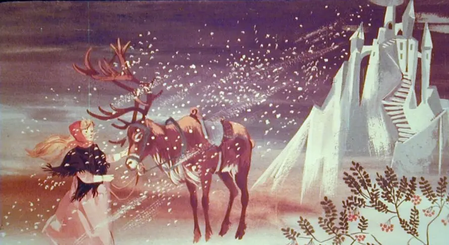 Ilustrație cu o femeie și un ren într-un peisaj de iarnă, evidențiind un moment dintr-o poveste.