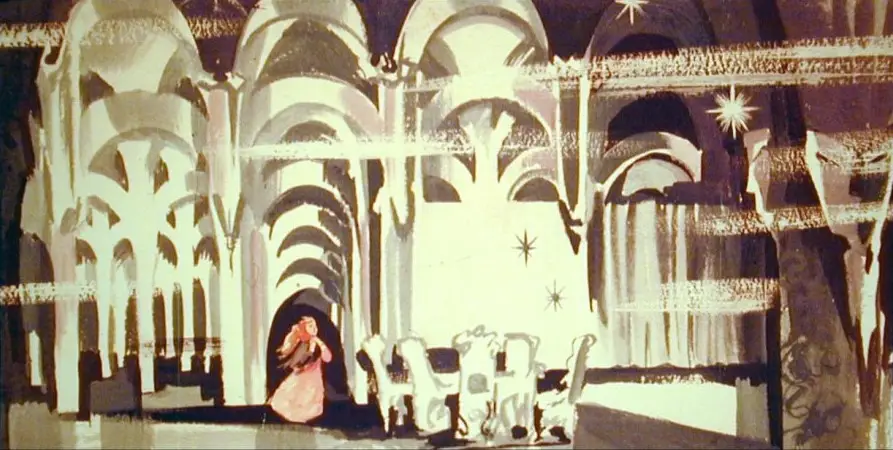 Ilustrație cu Gerda în castelul de gheață al Craiesei Zăpezilor, înconjurată de arhitectură rece și un decor impresionant.