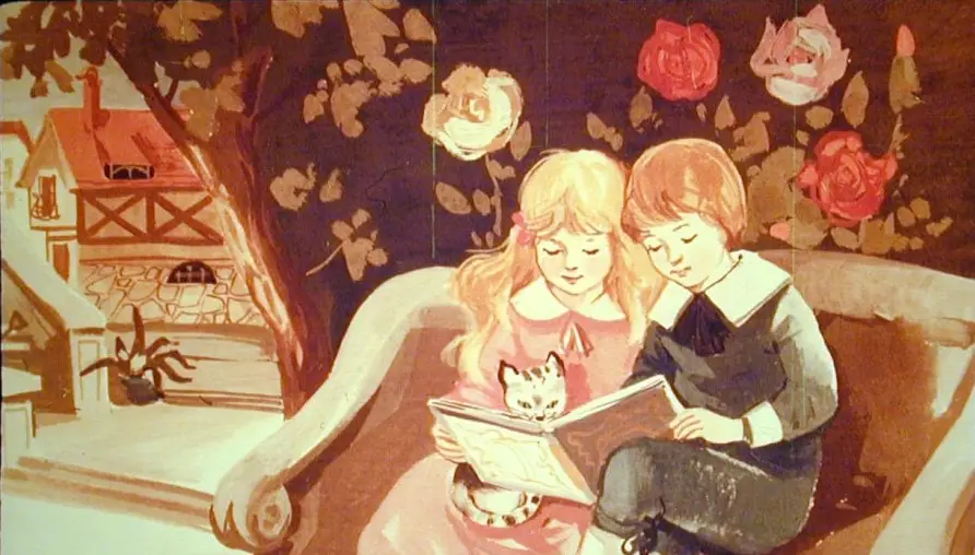 Ilustrație cu doi copii care citesc împreună, înconjurați de flori și trandafiri.