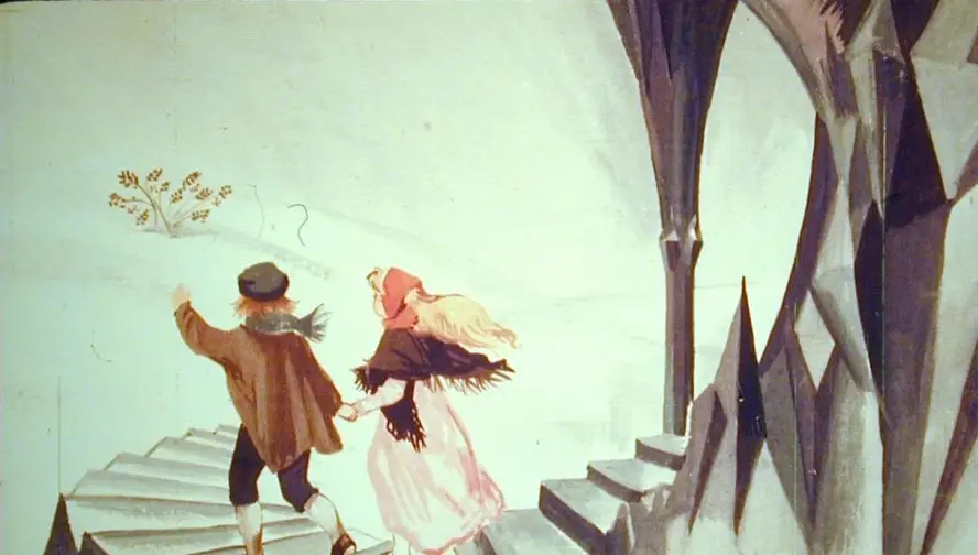 Ilustrație cu doi copii care ies dintr-un palat, cu o descriere a acțiunii lor.