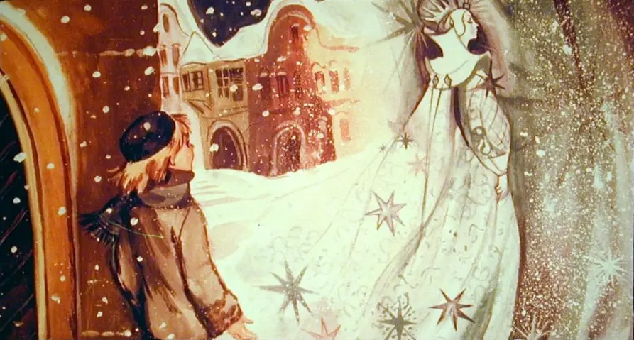 O scenă de iarnă ilustrează un băiat care observă un fulg de nea transformându-se într-o femeie frumoasă îmbrăcată în alb, dar ulterior realizează că este doar o pasăre mare și albă.