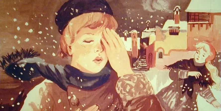 Ilustratie dintr-o poveste care arata doi copii jucandu-se afara in zapada, cu un fundal de iarna, descriind o experienta cu o oglinda vrajitoare.