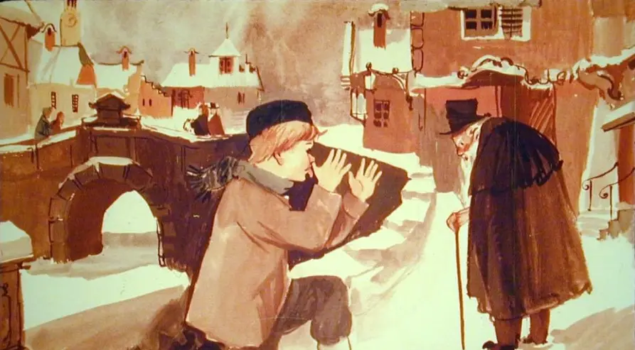 Ilustratie cu un baiat pe o strada de iarna, observand oamenii din jur, text narativ despre schimbarea perspectivei sale.