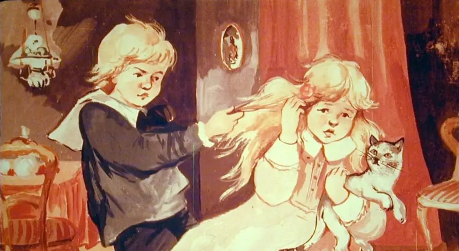 Ilustrație cu doi copii și o pisică, arătând o interacțiune neplăcută între ei.