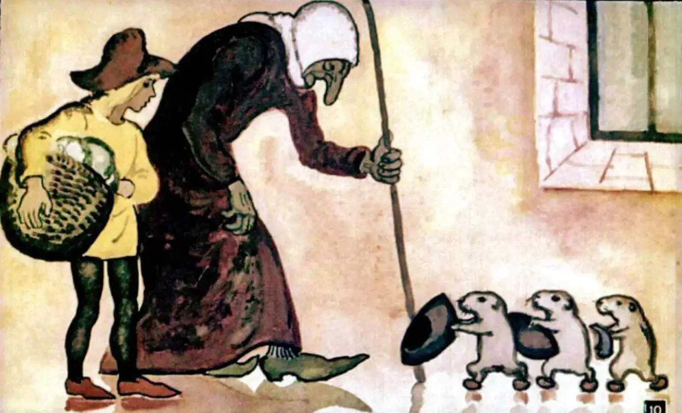 Ilustrație din poveste, cu o babă care strigă la slujitori să aducă papucii și un băiat care privește la scena din cameră.