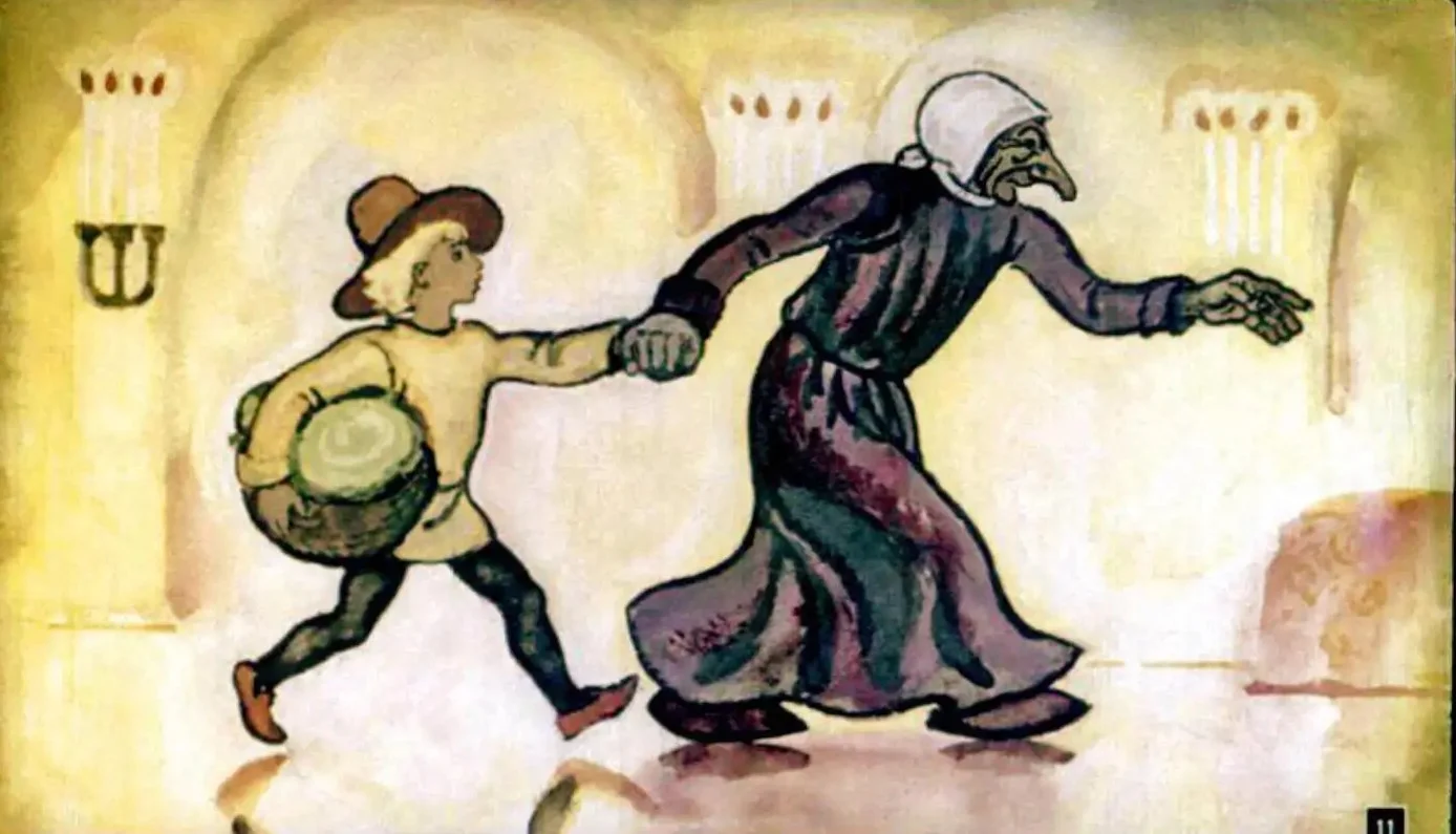 Ilustrație cu un băiat și o femeie împătrânită, băiatul fiind tras de mână.