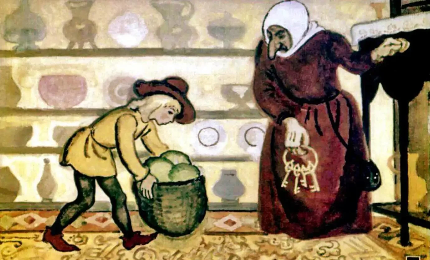 Ilustrație cu un băiat care poartă un coș plin de legume, discutând cu o femeie în vârstă într-un magazin.