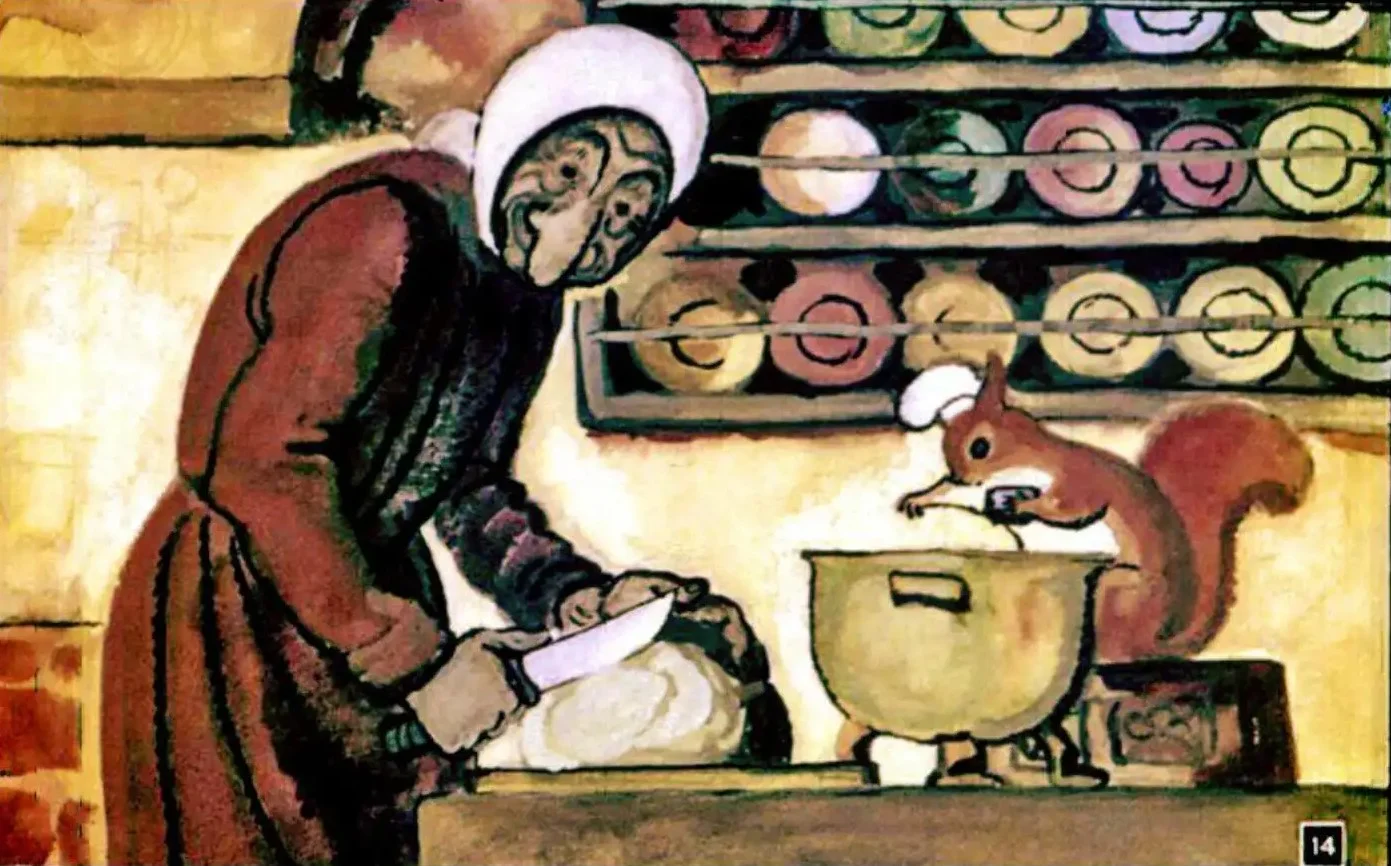 Imagine cu o femeie gătind într-o bucătărie, având un vechi om de zăpadă și un veveriță în apropiere.