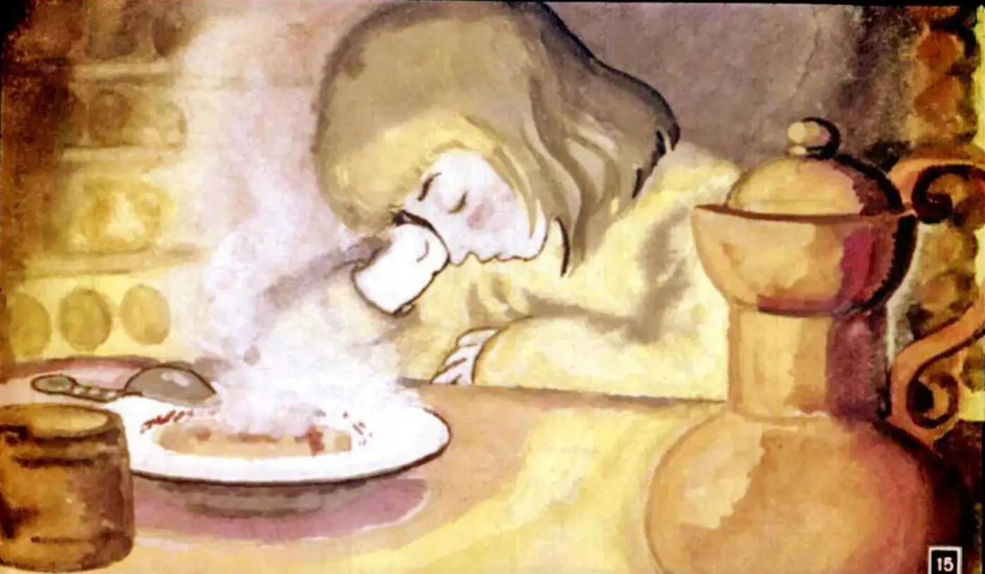 Ilustratie cu un baiat care gustă supa, având o exprimare de satisfacție, într-un cadru rustic cu vase de gătit.