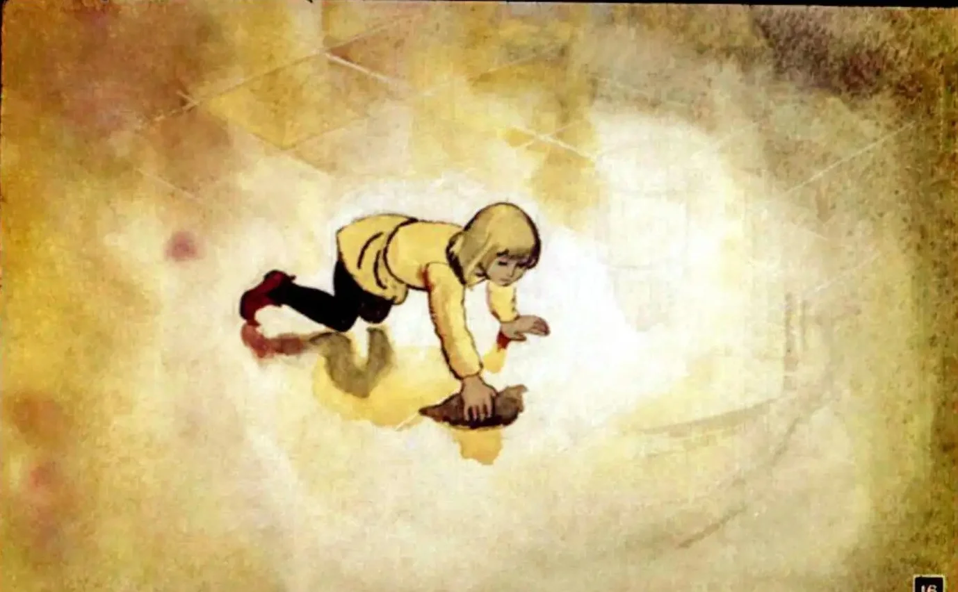 Ilustrație cu un băiat îngenunchiat pe podea, visând să devină slujitor, înconjurat de o atmosferă dreamy și culori calde.