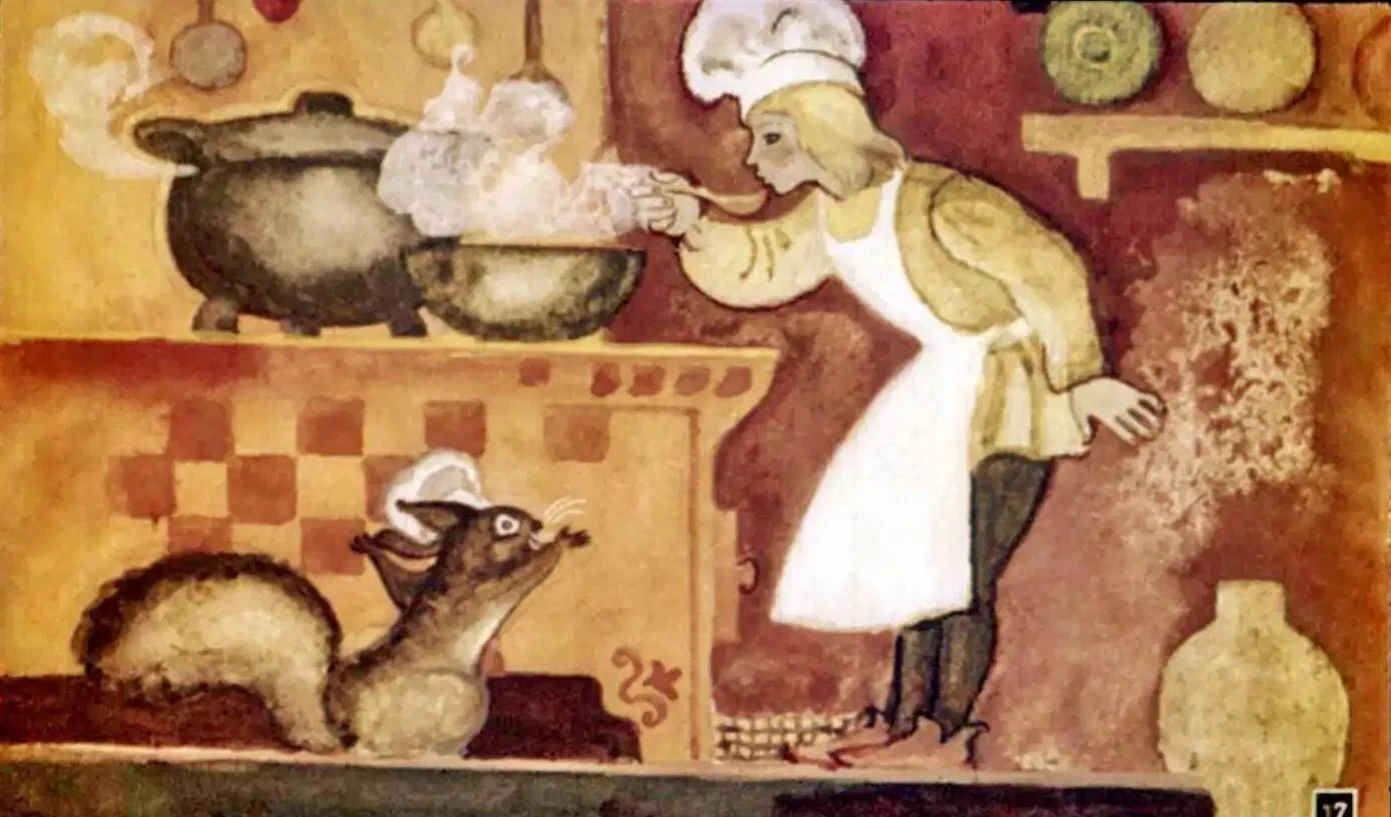 O ilustrație ce prezintă un bucătar și un veveriță în bucătărie.