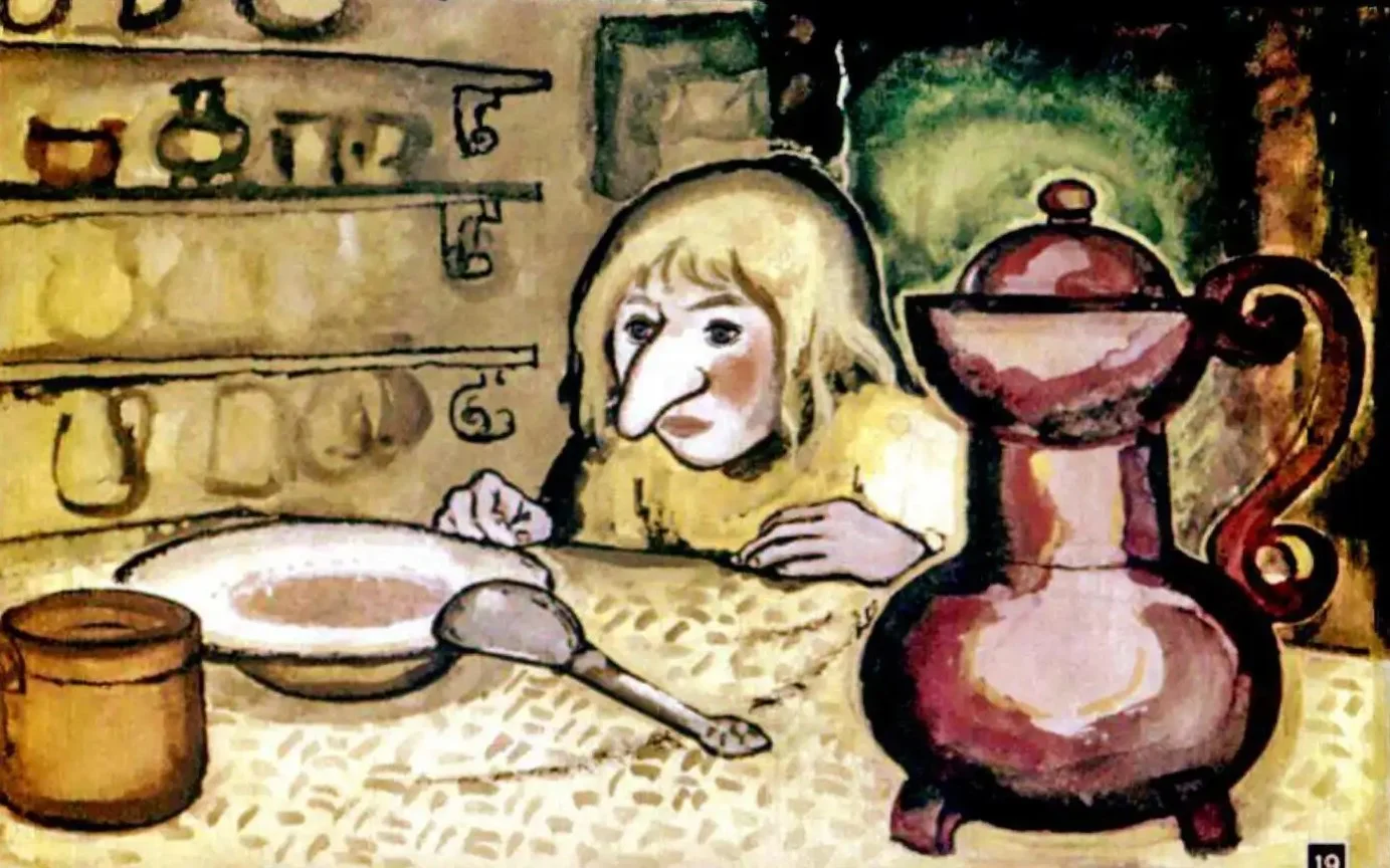 Ilustrație cu un personaj care se trezește din vis, înconjurat de obiecte de bucătărie.