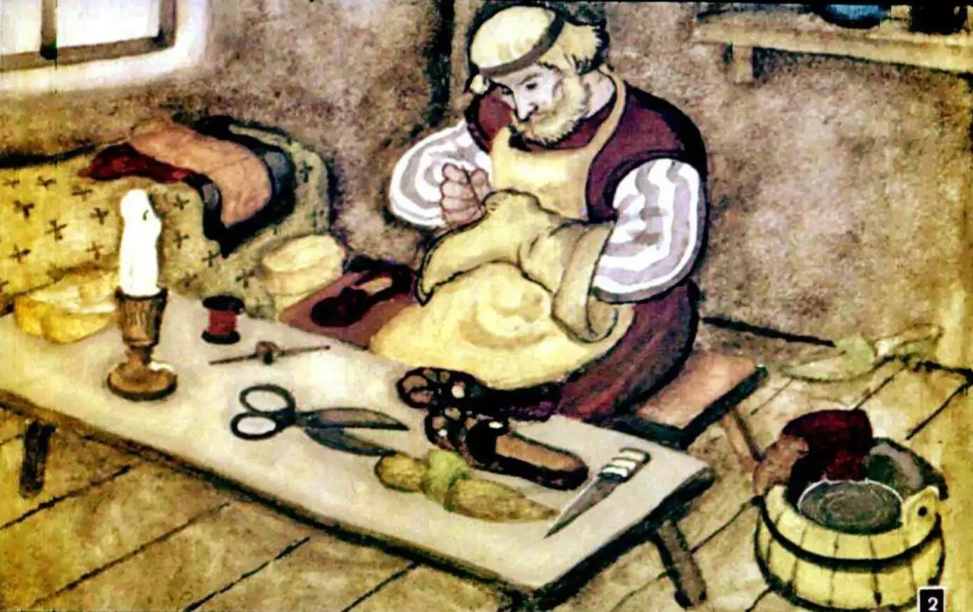 Ilustrație reprezentând un cizmar muncind într-un atelier.