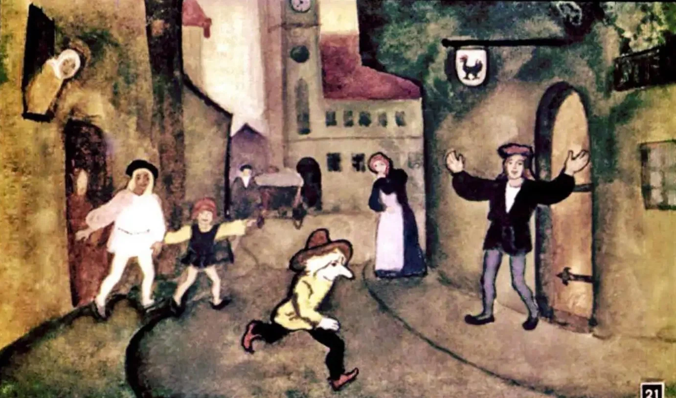 Text dintr-o ilustrație care descrie un personaj grăbit pe străzile orașului.