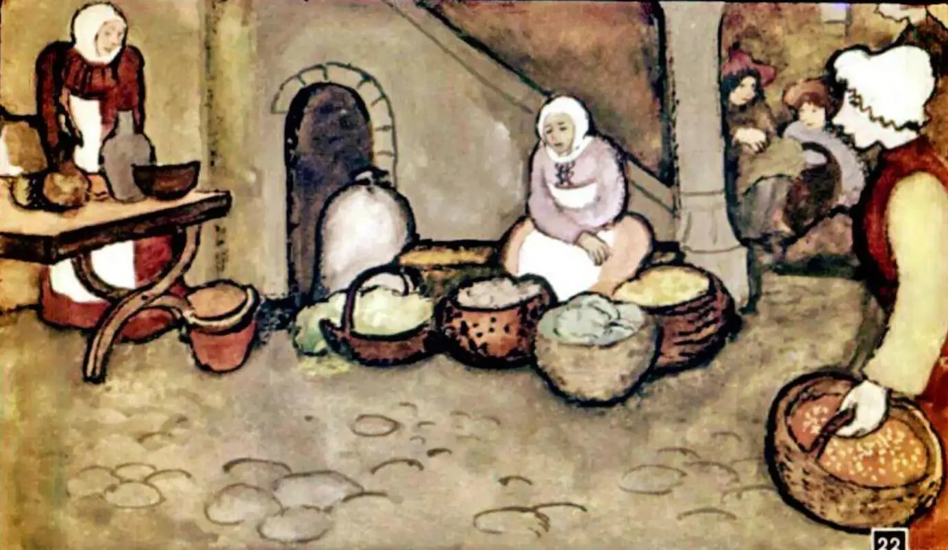 O scenă în piață cu o femeie tristă în fața cosurilor cu zarzavaturi.