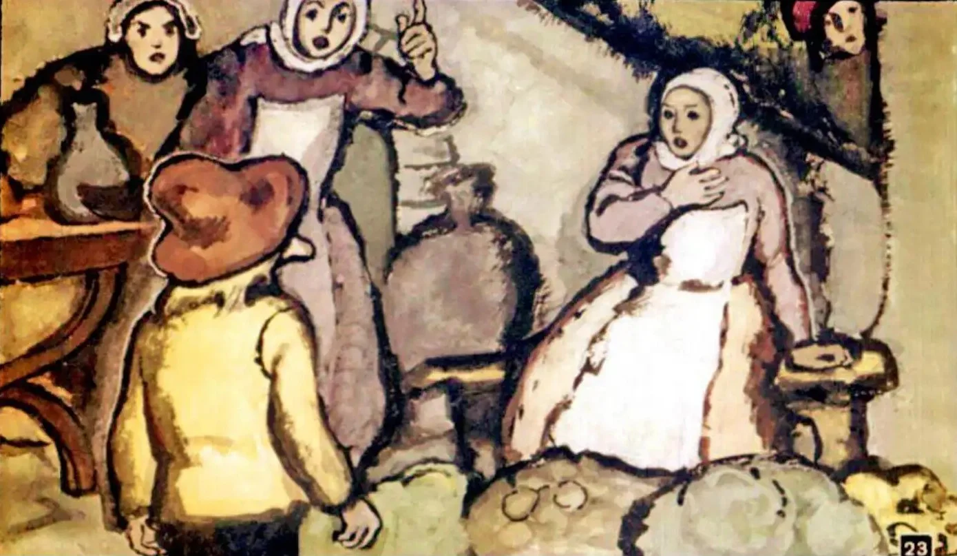 Ilustrație care prezintă o scenă narativă, cu mai multe personaje și un peisaj evocator.