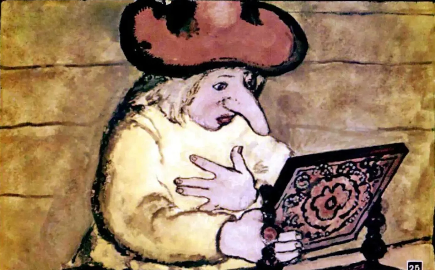 Ilustrație cu un cizmar care priveste in oglinda, surprins de aspectul său. Textul describe o poveste despre Iacob și transformările sale.