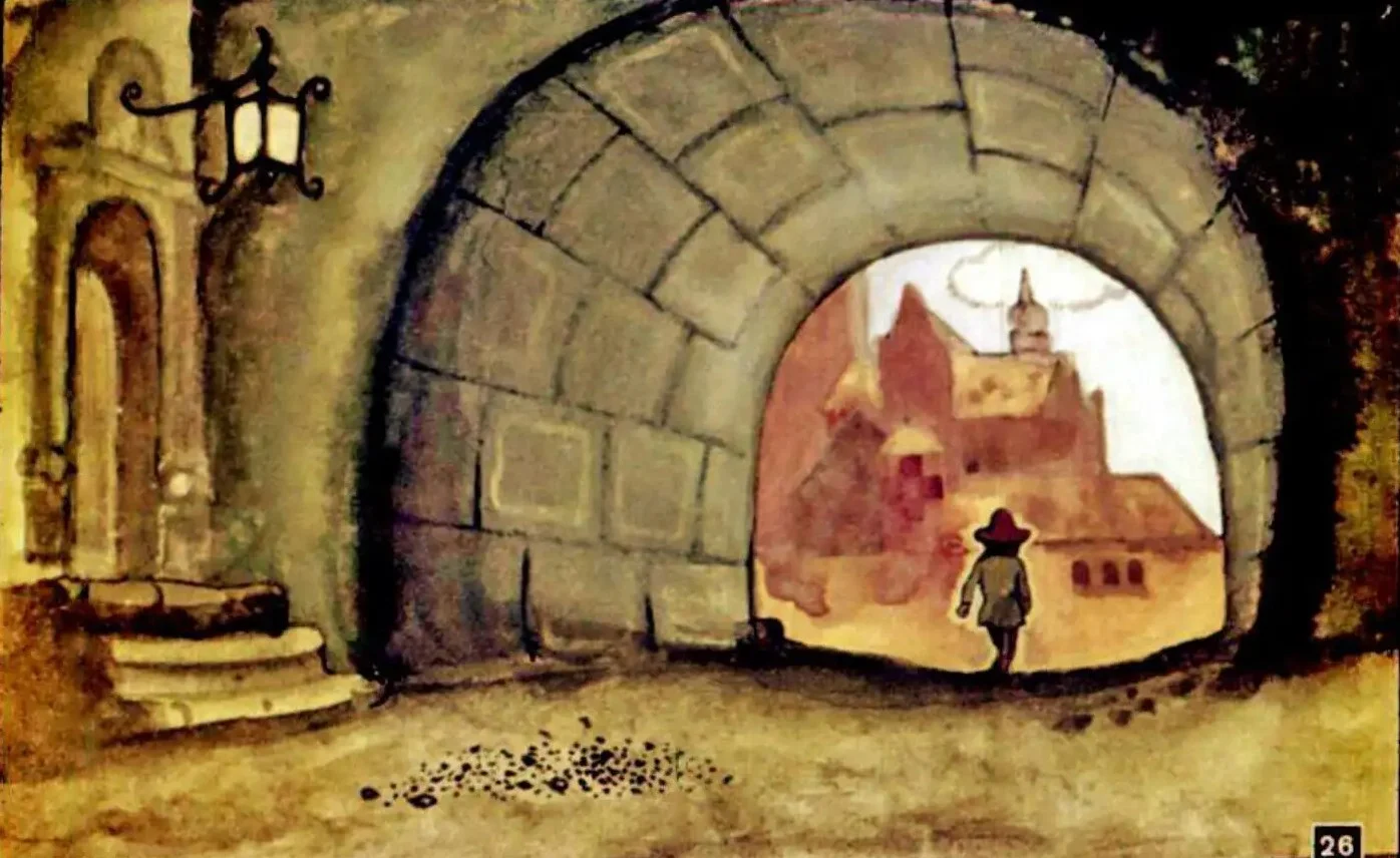 Ilustrație cu un personaj care iese dintr-un tunel, contemplând peisajul din față.