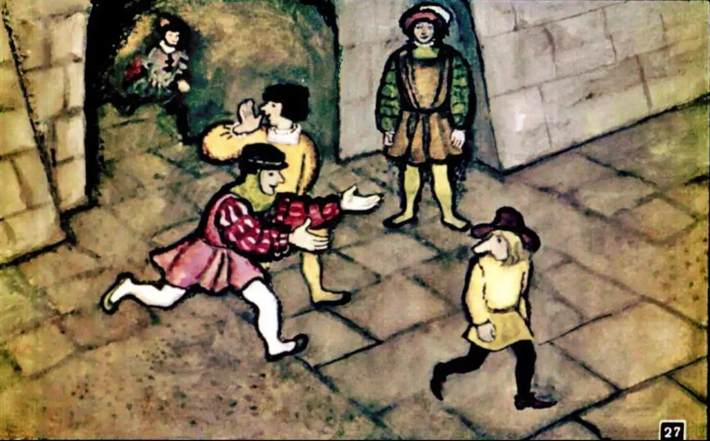 Imagine artistică cu personaje medievale într-o scenă de interacțiune umană, evidențiind o temă de batjocură.