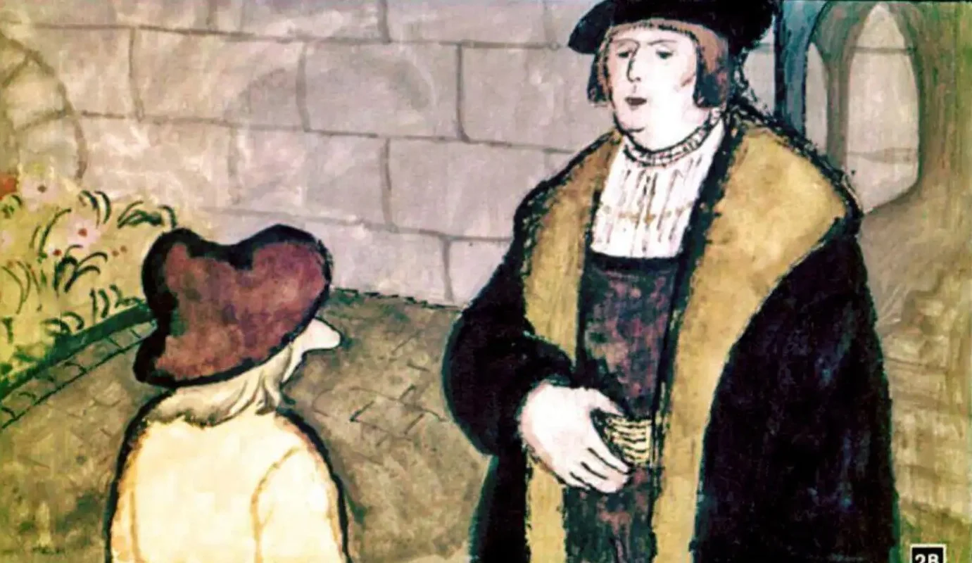 Ilustrație cu un om și o femeie, în fundal un zid de piatră, text narativ despre Iacob și experiențele sale culinare.