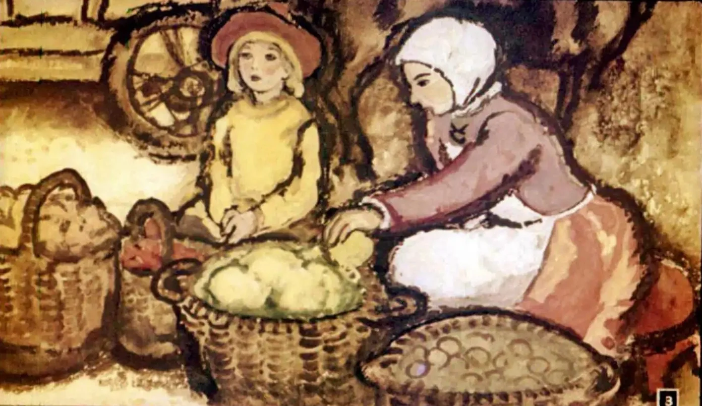 Ilustrație care prezintă o femeie și un copil lucrând împreună la piață, vânzând zarzavat.