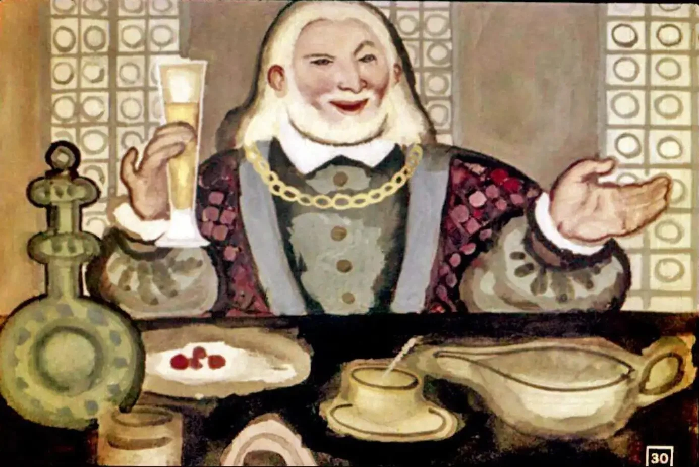 Ilustrație colorată cu un bărbat zâmbitor care ține un pahar de bere, stând la o masă plină cu mâncare, înconjurat de obiecte tradiționale.