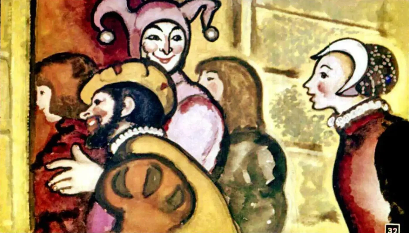 Ilustrație cu personaje medievale, comentând despre Iacob, Piticul Nas Lung, și reputația sa în palatul regal.