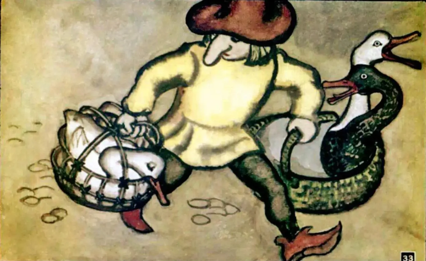 O ilustrare a unui personaj numit Iacob, un pitic, care cumpără gâște de la piață, cu un coș plin de gâște și două gâște care fac zgomot.