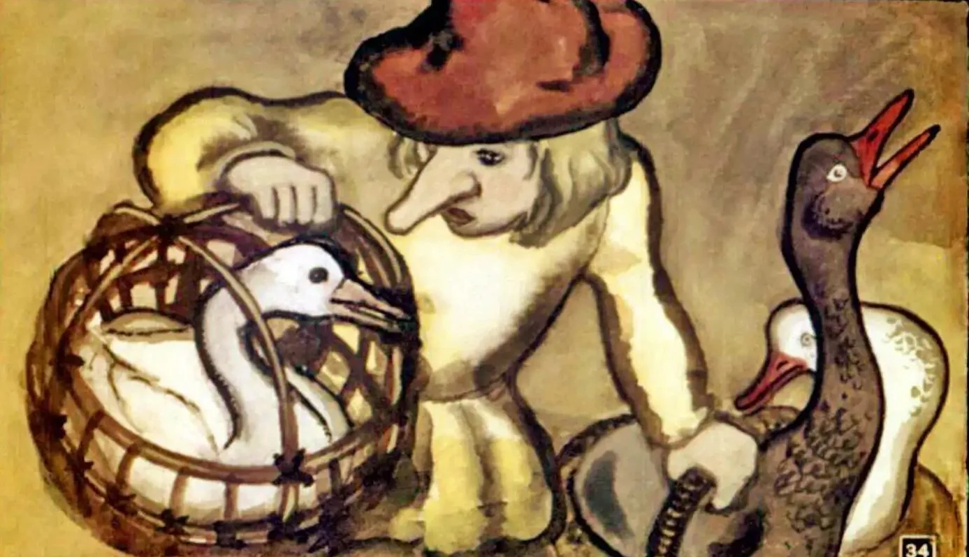 Ilustrație cu un pitic apropiindu-se de o gască care vorbește.
