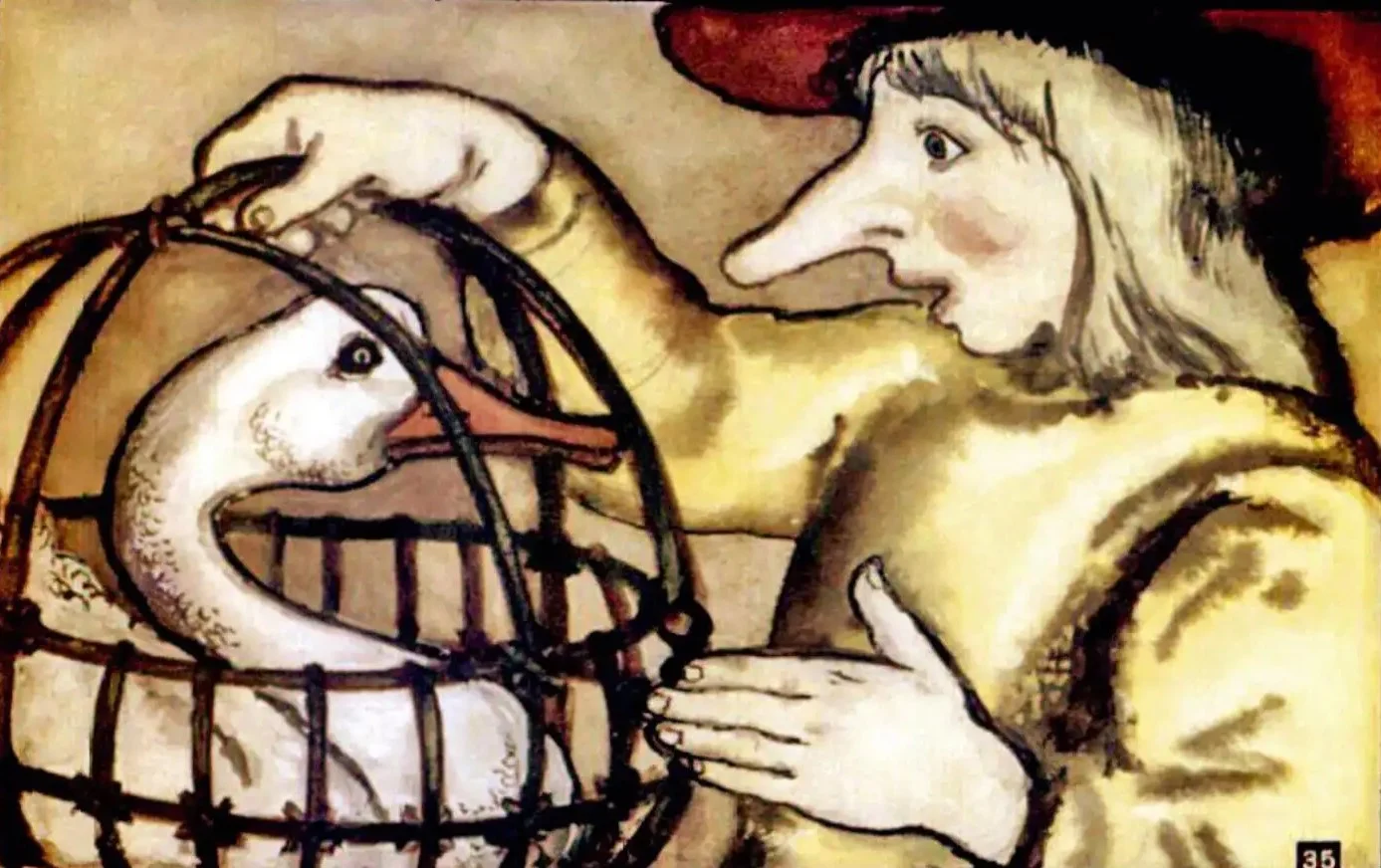 O ilustrație cu un personaj care vorbește cu o rață în cușcă, citind un text despre atingeri și amenințări.