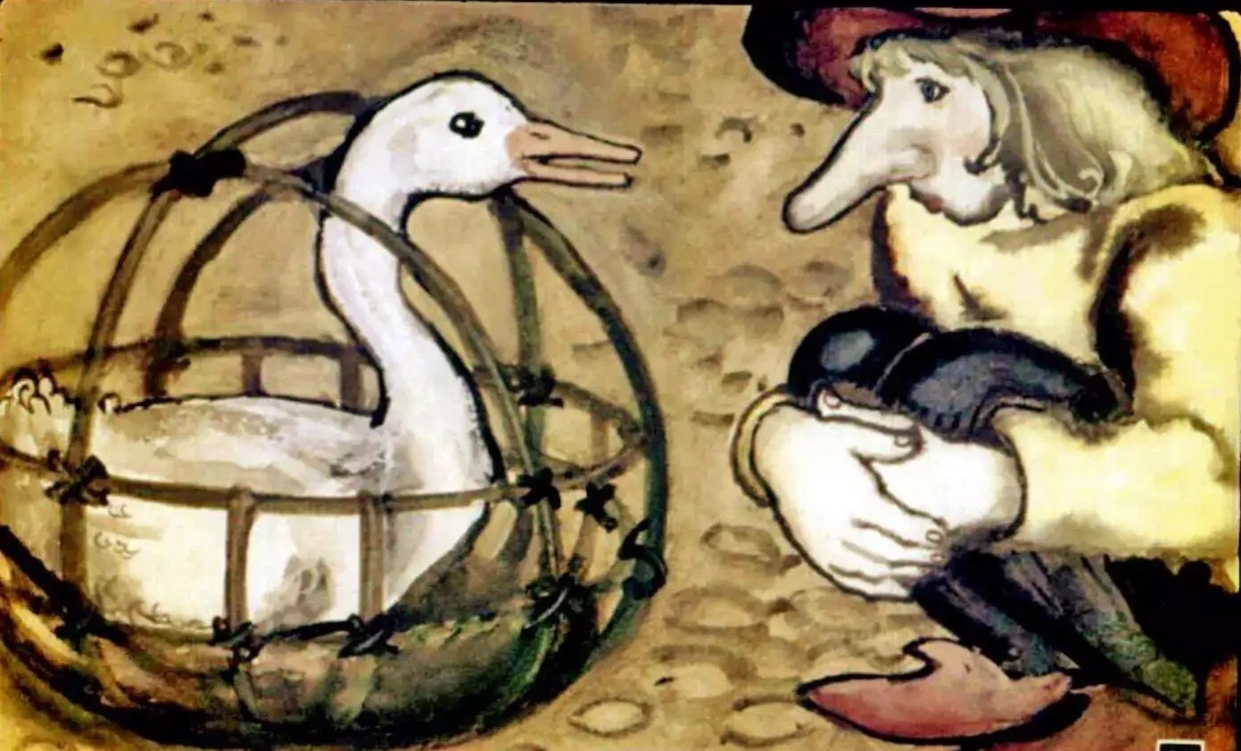 Imagine dintr-o poveste cu un bărbat și o gâscă, ilustrație reprezentând o temă fantastică.