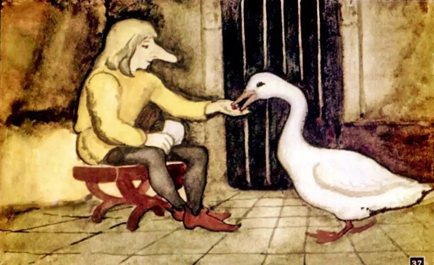 Ilustratie cu un baiat si o gasca intr-o bucatarie, baiatul hranind gasca.